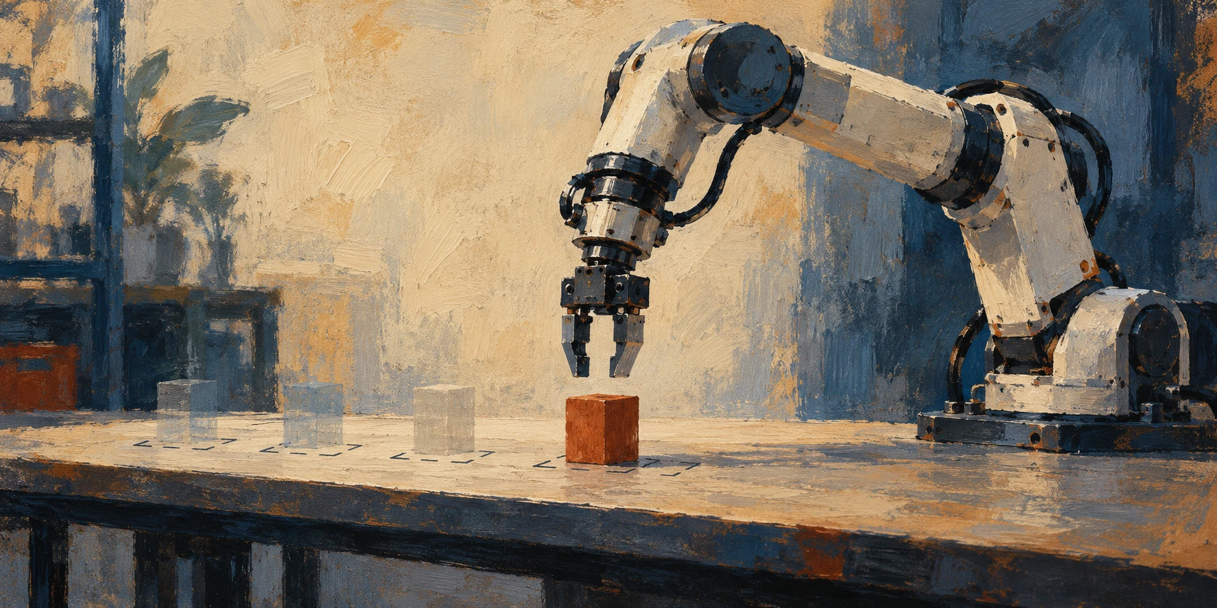 Oil-painted industrial robot arm evaluating a tabletop manipulation task